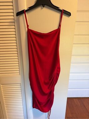 Zanzea Red Satin Midi Slip Dress with Side Draping